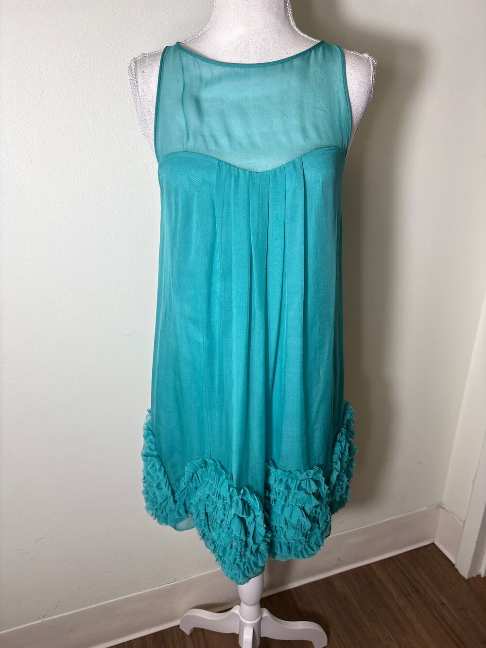 Rebecca Taylor Teal Green Silk Ruffle Hem Mini Dress Sz 2
